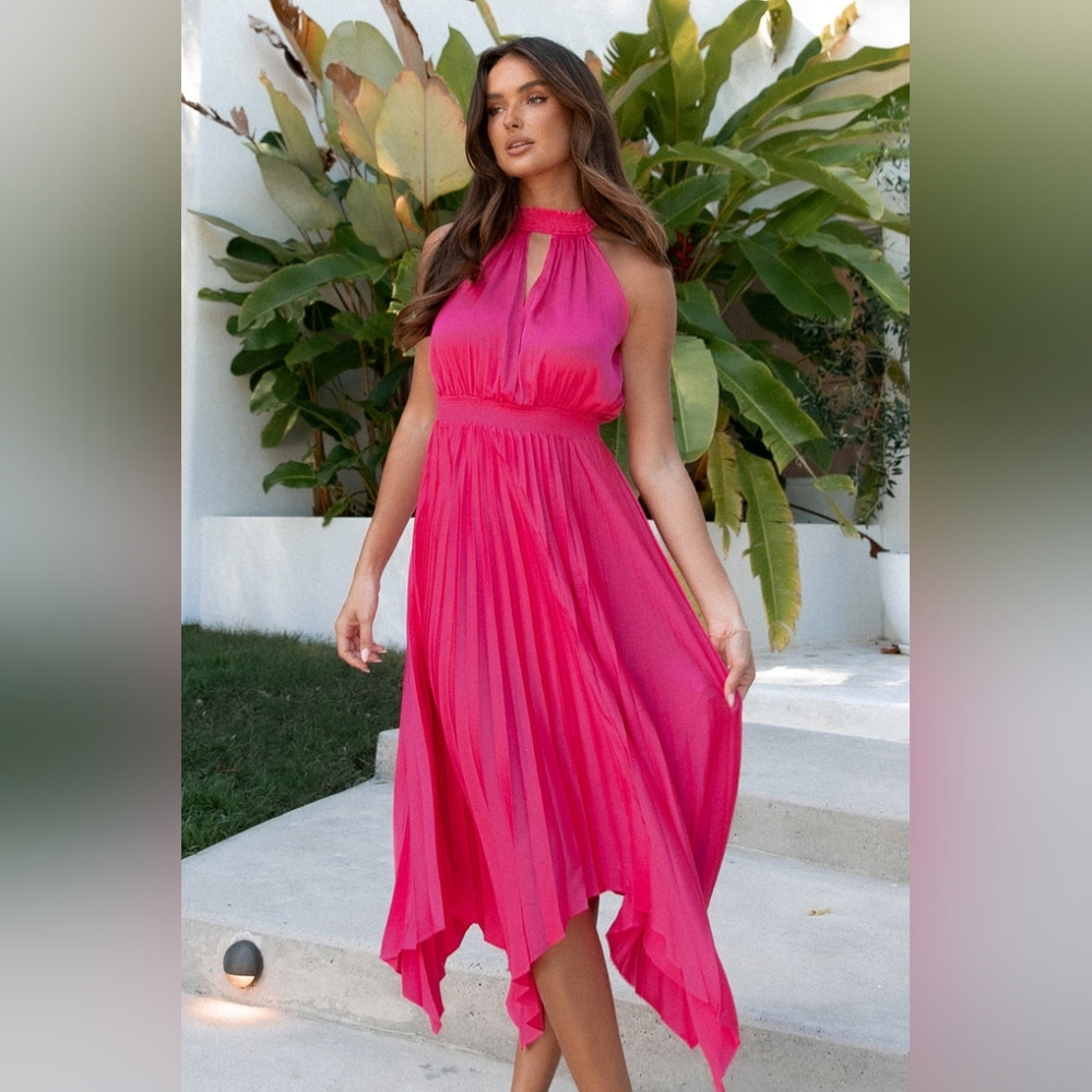 Petal & Pup Hot Pink Sleeveless Halter Neck Dominique Pleated Midi Dress Size 4 - Picture 6 of 6